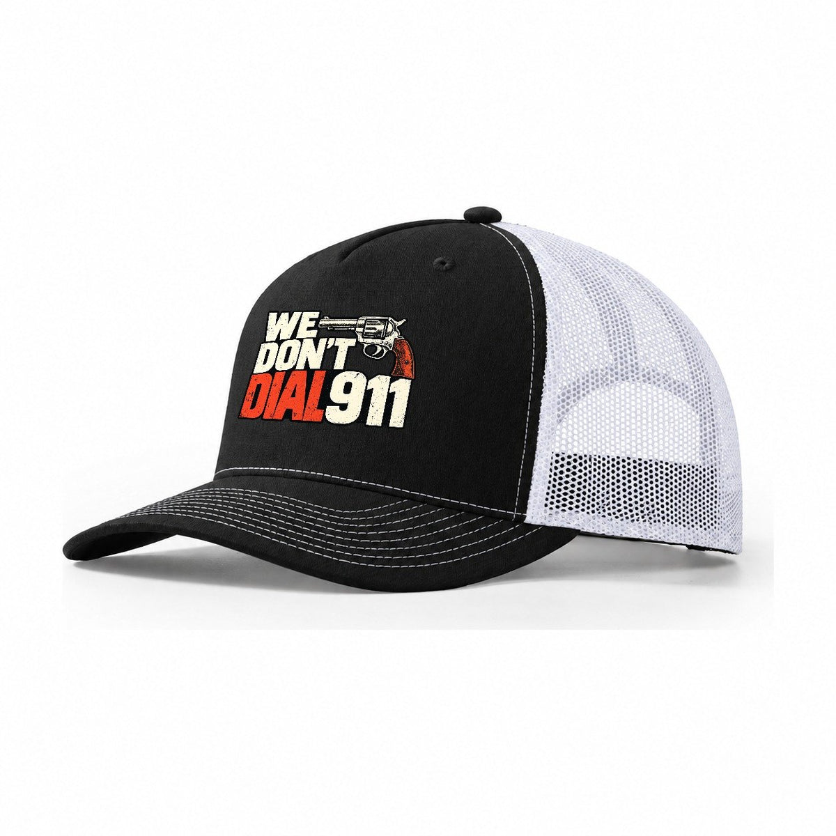 Swiss Type Block We Don't Dial 911 Trucker Hat – Black White