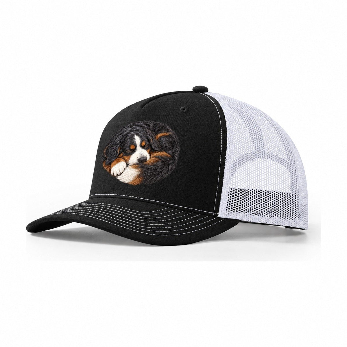 Bernese Round Hearth Nap Pastimes Companions Trucker Hat – Black White