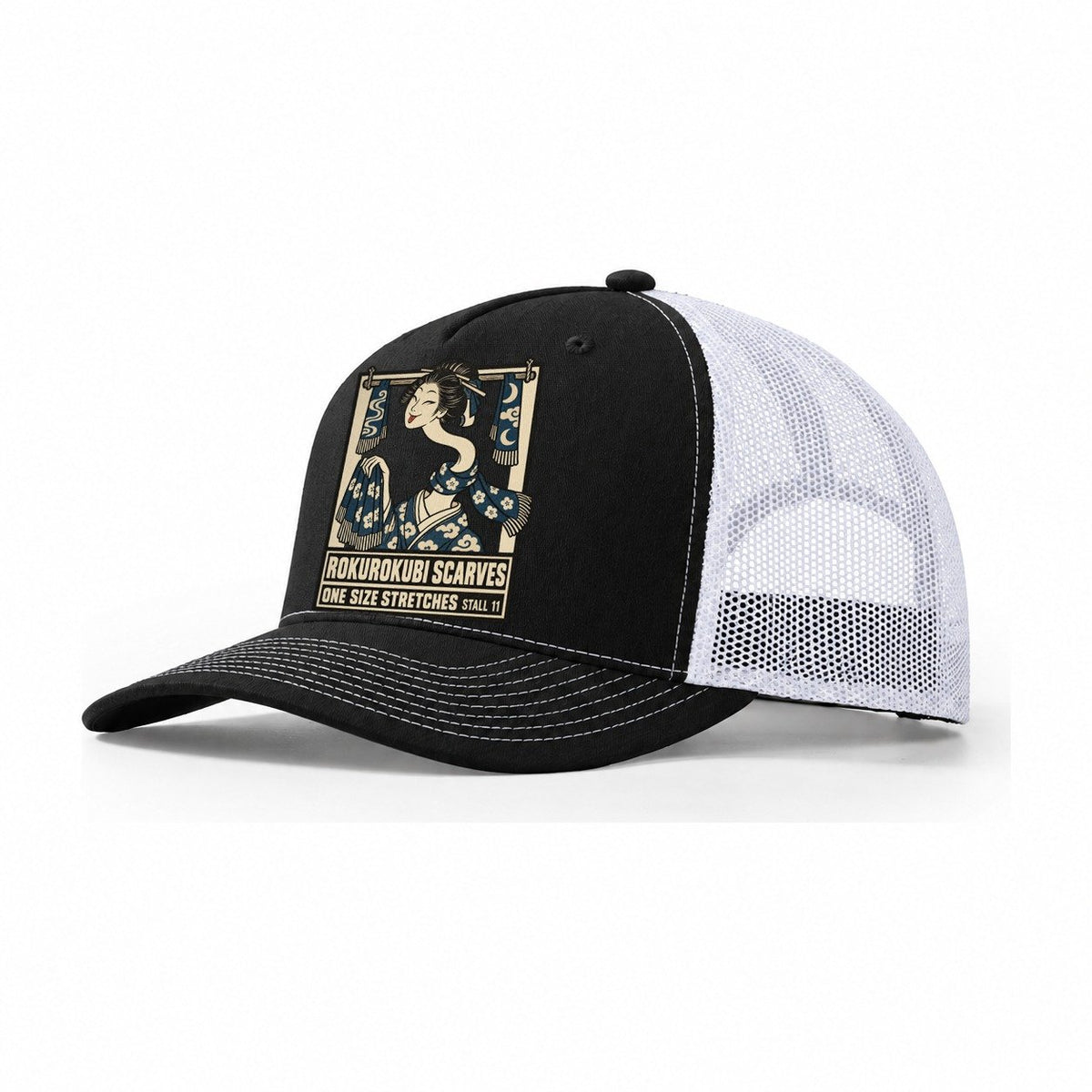Rokurokubi Scarves Yokai Night Market Trucker Hat – Black White