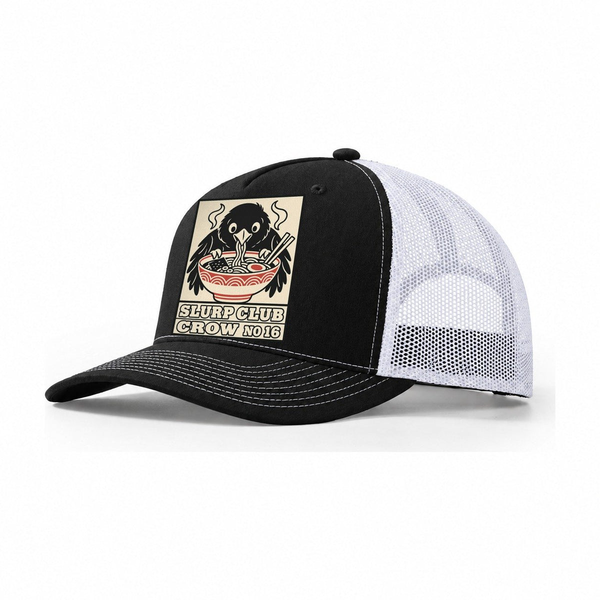 Crow Leftovers Slurp Club Trucker Hat – Black White