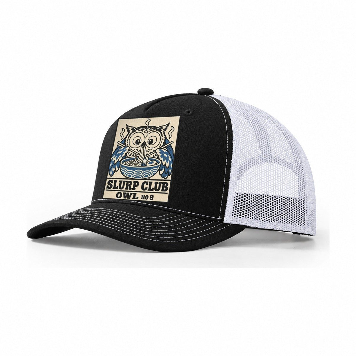 Owl Midnight Slurp Club Trucker Hat – Black White