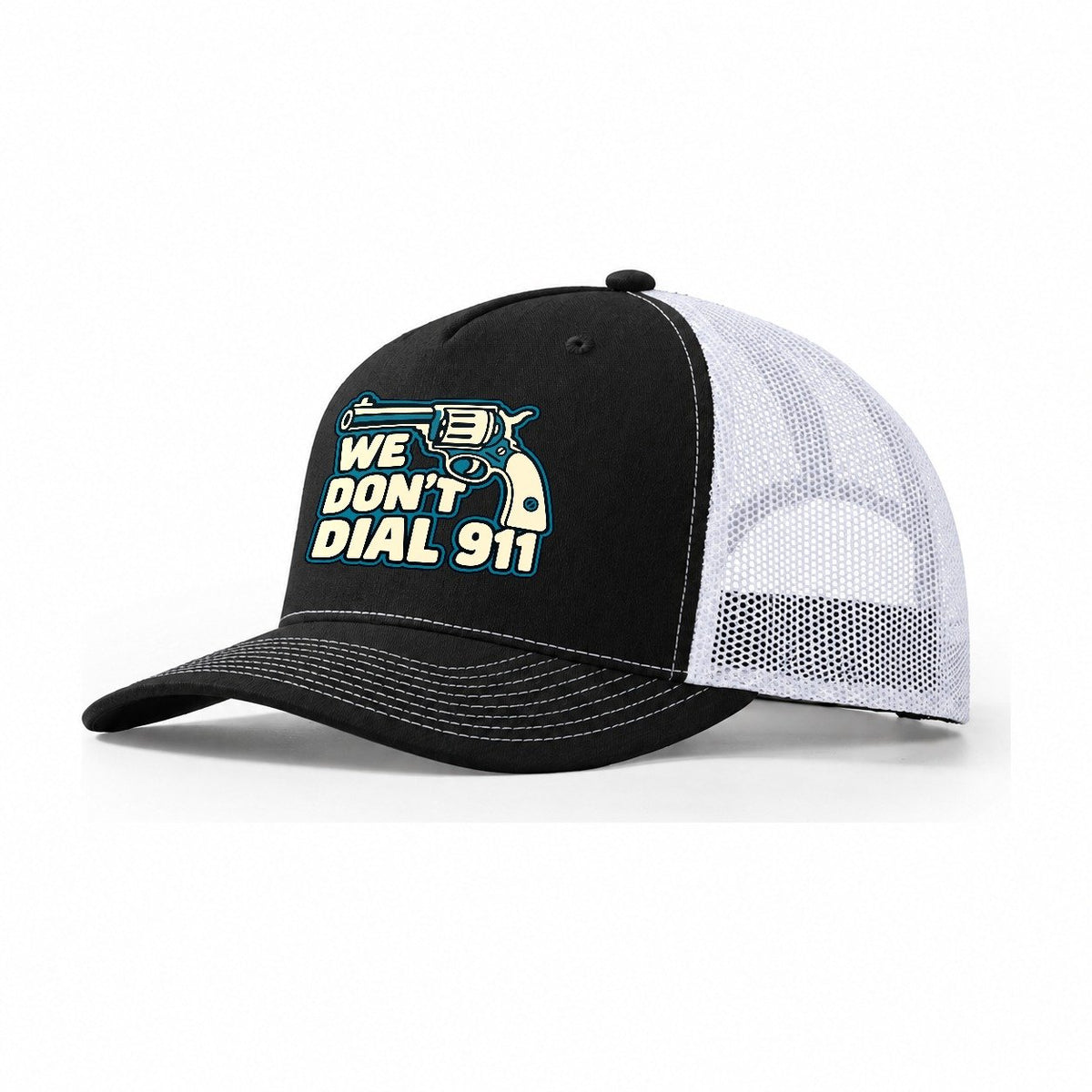 Continuous Line Mark We Don't Dial 911 Trucker Hat – Black White