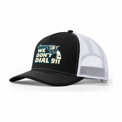 Continuous Line Mark We Don't Dial 911 Trucker Hat – Black White