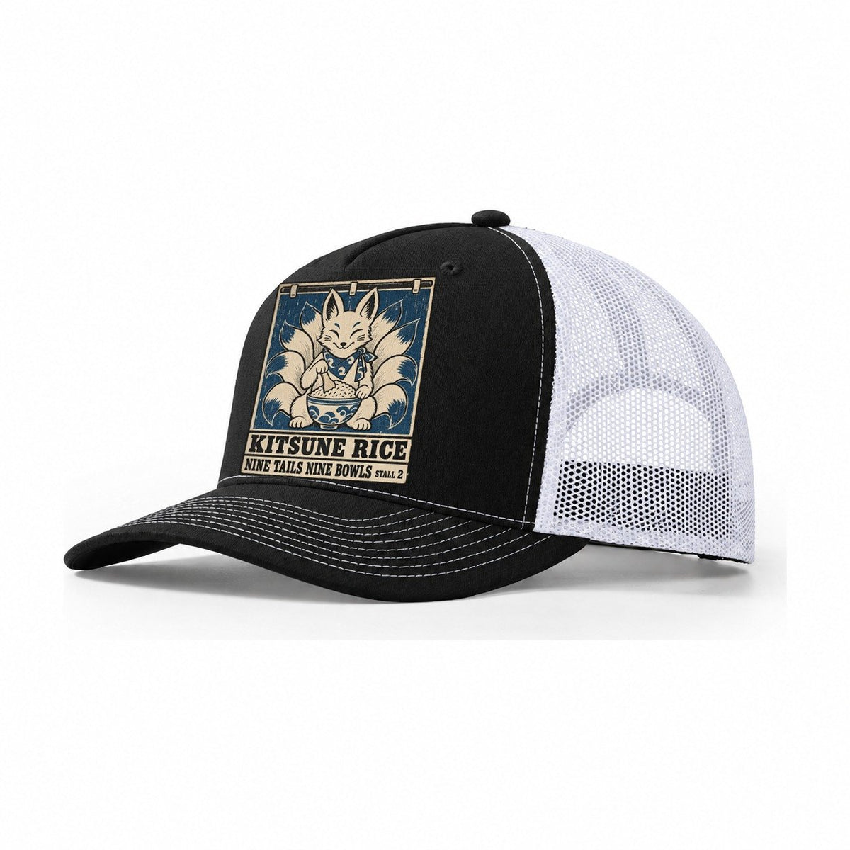 Kitsune Rice Yokai Night Market Trucker Hat – Black White