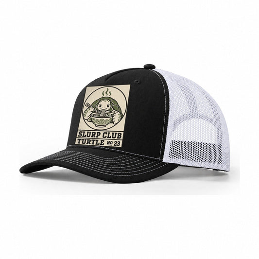 Turtle Patient Slurp Club Trucker Hat – Black White