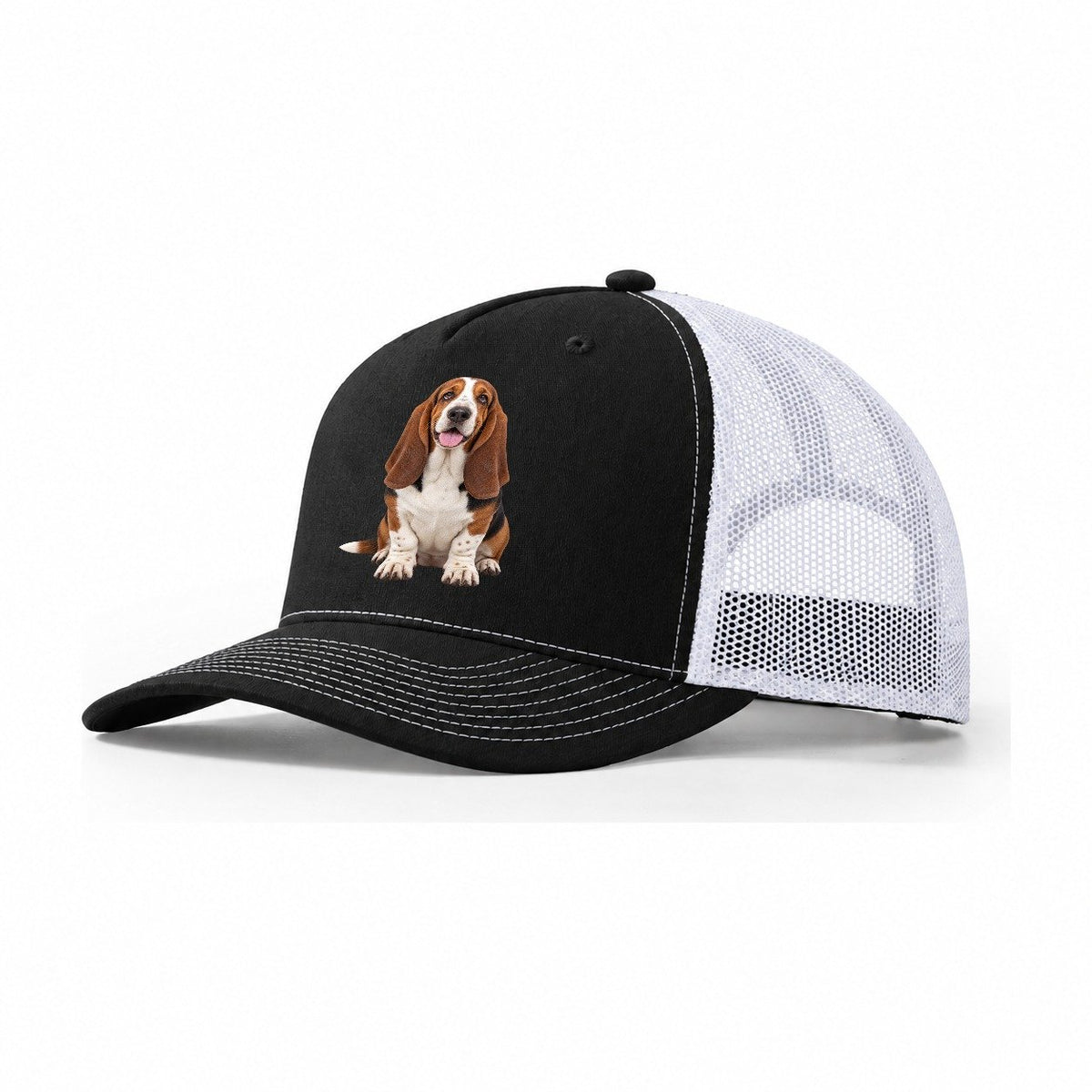 Basset Hound Sitting Top Breeds Trucker Hat – Black White