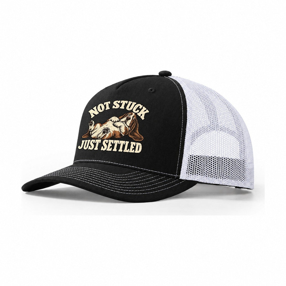 Basset Comfortably Settled Character Club Trucker Hat – Black White