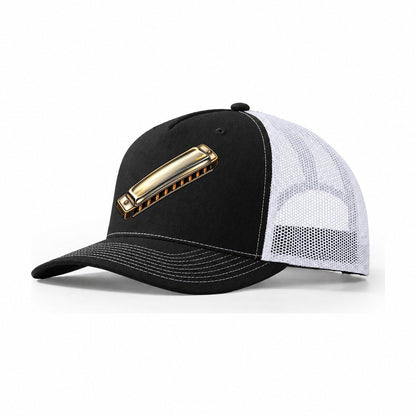 Chrome Harmonica Upright Angle Pastimes Companions Trucker Hat – Black White