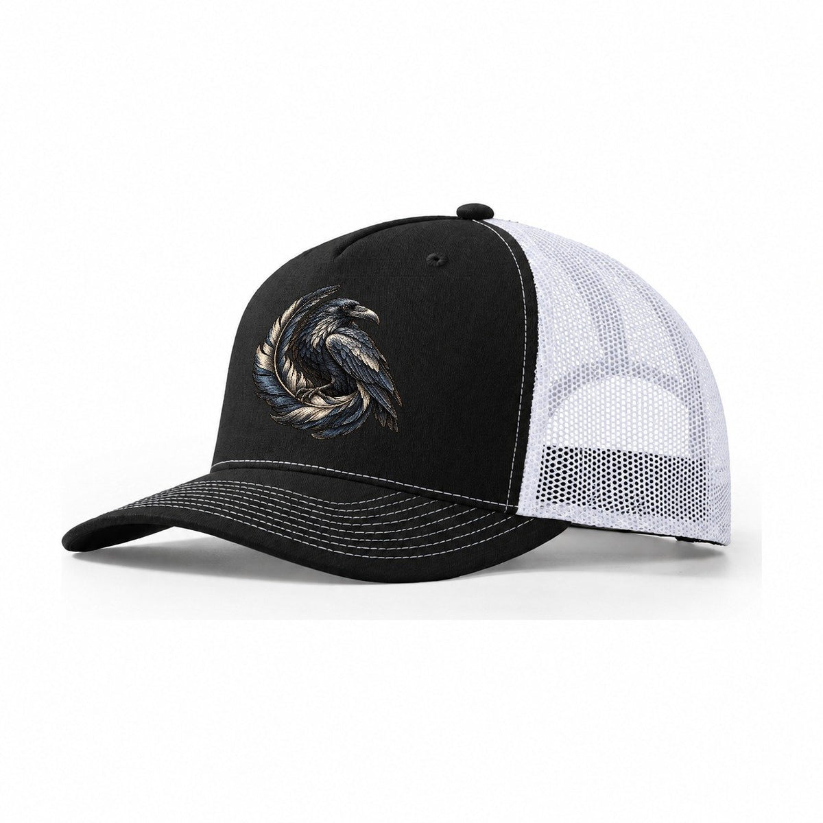 Raven Feather Spiral Everyday Originals Trucker Hat – Black White