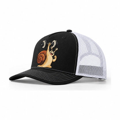 Snail Slow Gains Animal Lifters Trucker Hat – Black White