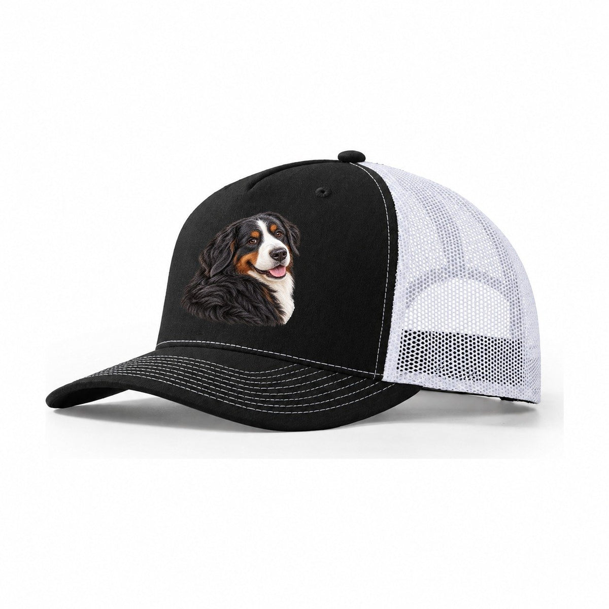 Bernese Over Shoulder Welcome Pastimes Companions Trucker Hat – Black White