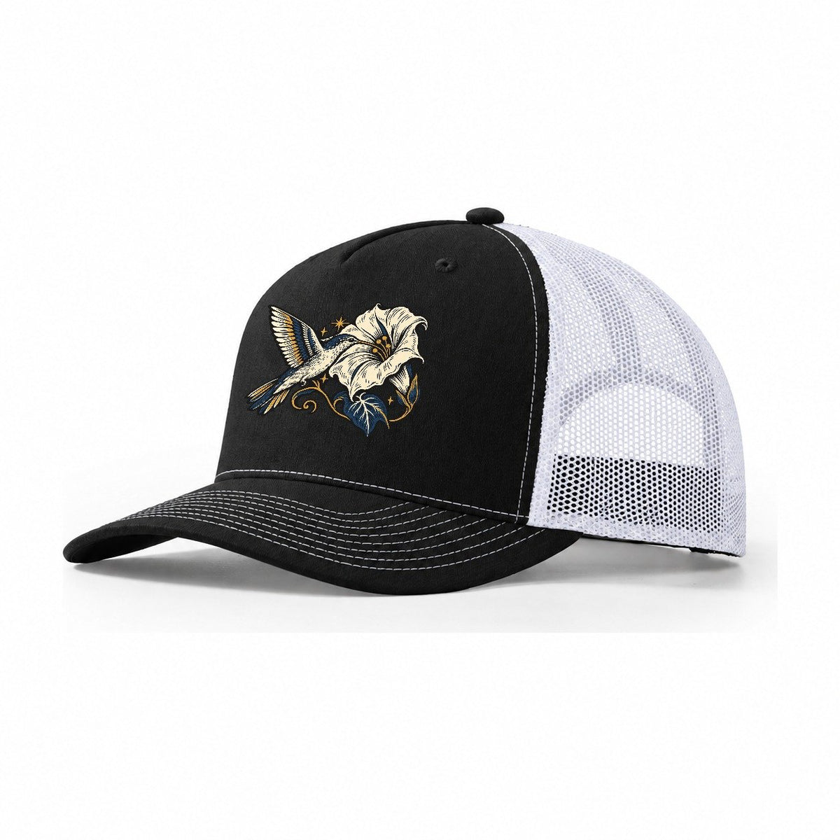 Hummingbird Night Flower Sundown Familiars Trucker Hat – Black White