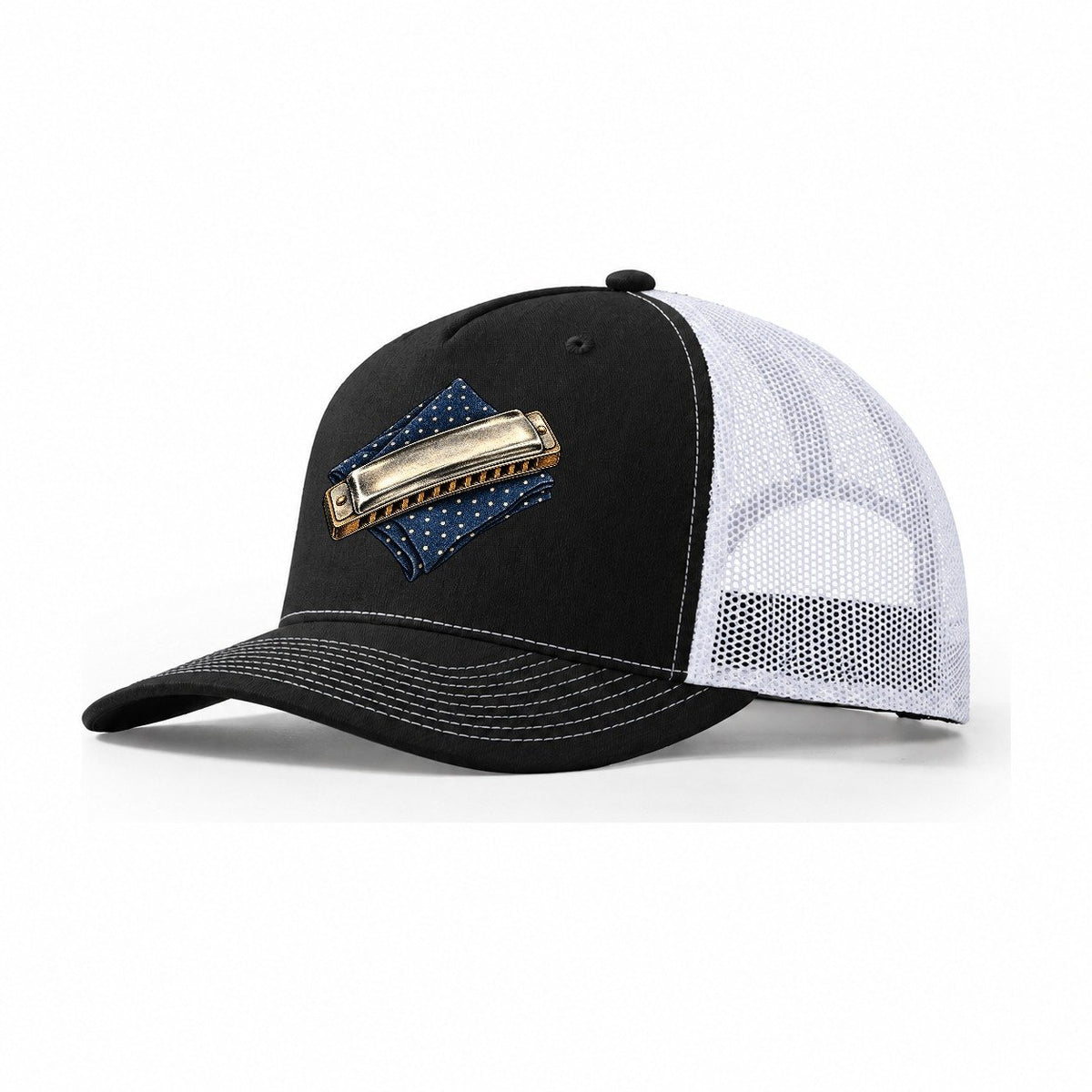 Harmonica Indigo Fold Pastimes Companions Trucker Hat – Black White