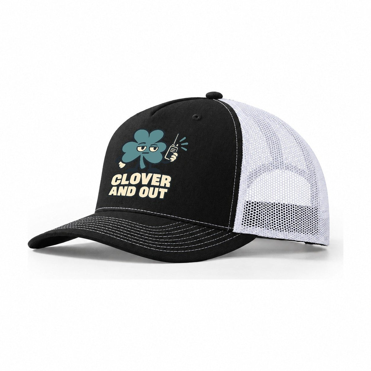 Clover And Out Familiar Punchlines Trucker Hat – Black White