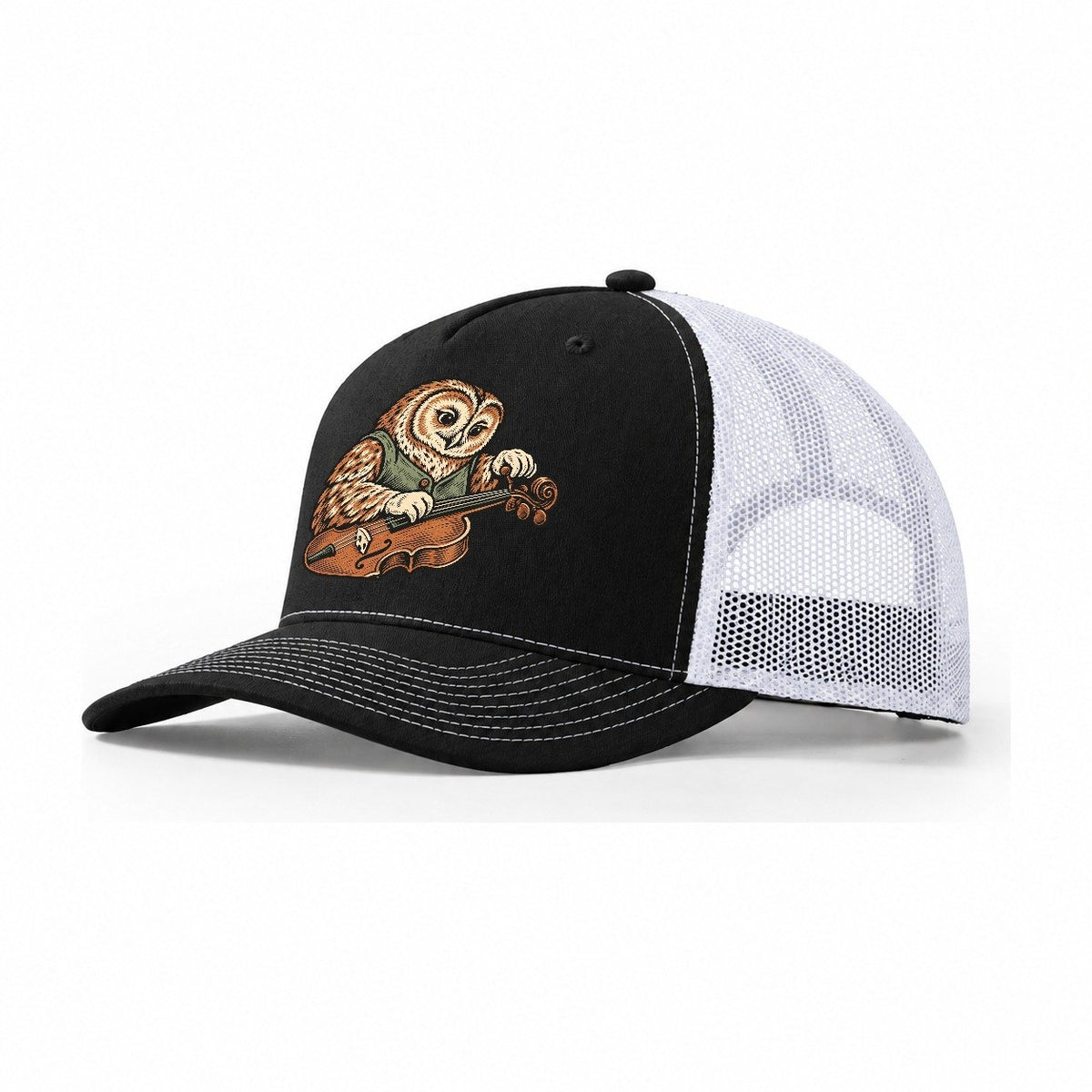 Owl Violin Repairer Sundown Familiars Trucker Hat – Black White