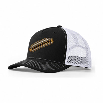 Ten Hole Harmonica Trucker Hat – Black White