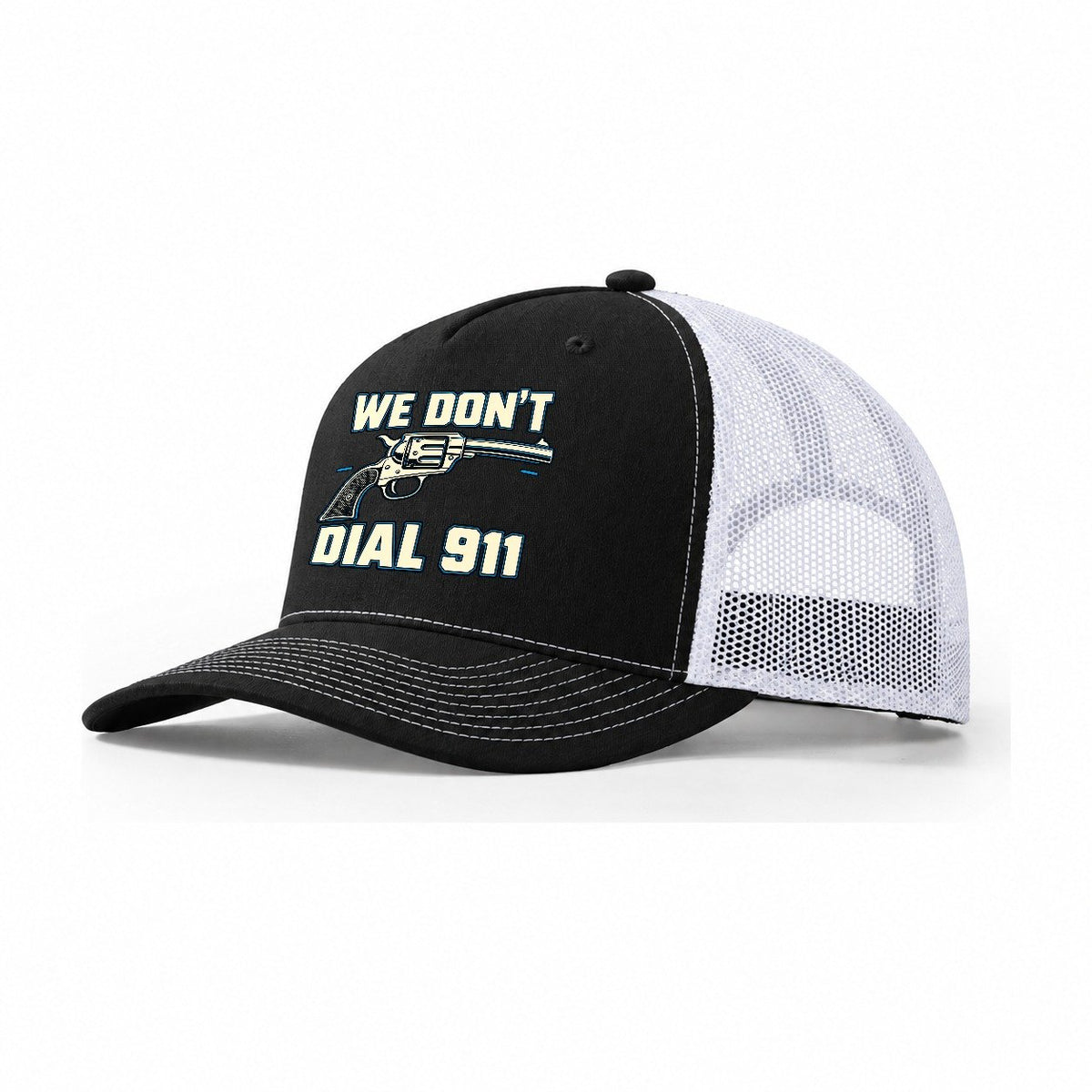 Technical Grid We Don't Dial 911 Trucker Hat – Black White