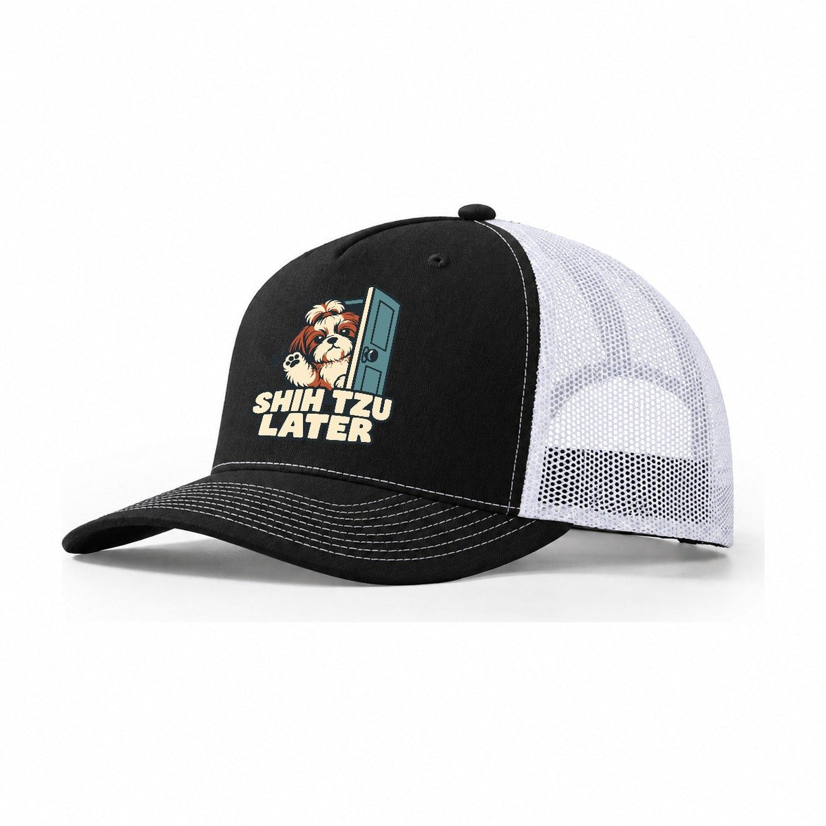 Shih Tzu Later Familiar Punchlines Trucker Hat – Black White