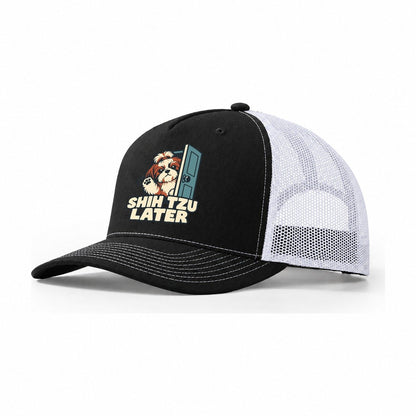 Shih Tzu Later Familiar Punchlines Trucker Hat – Black White