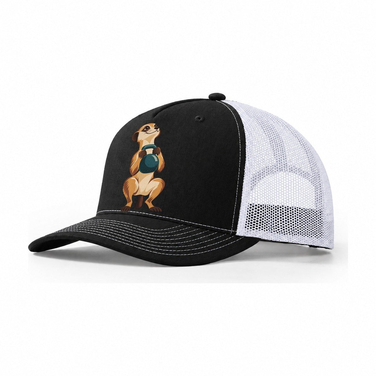 Meerkat Sentry Squat Animal Lifters Trucker Hat – Black White