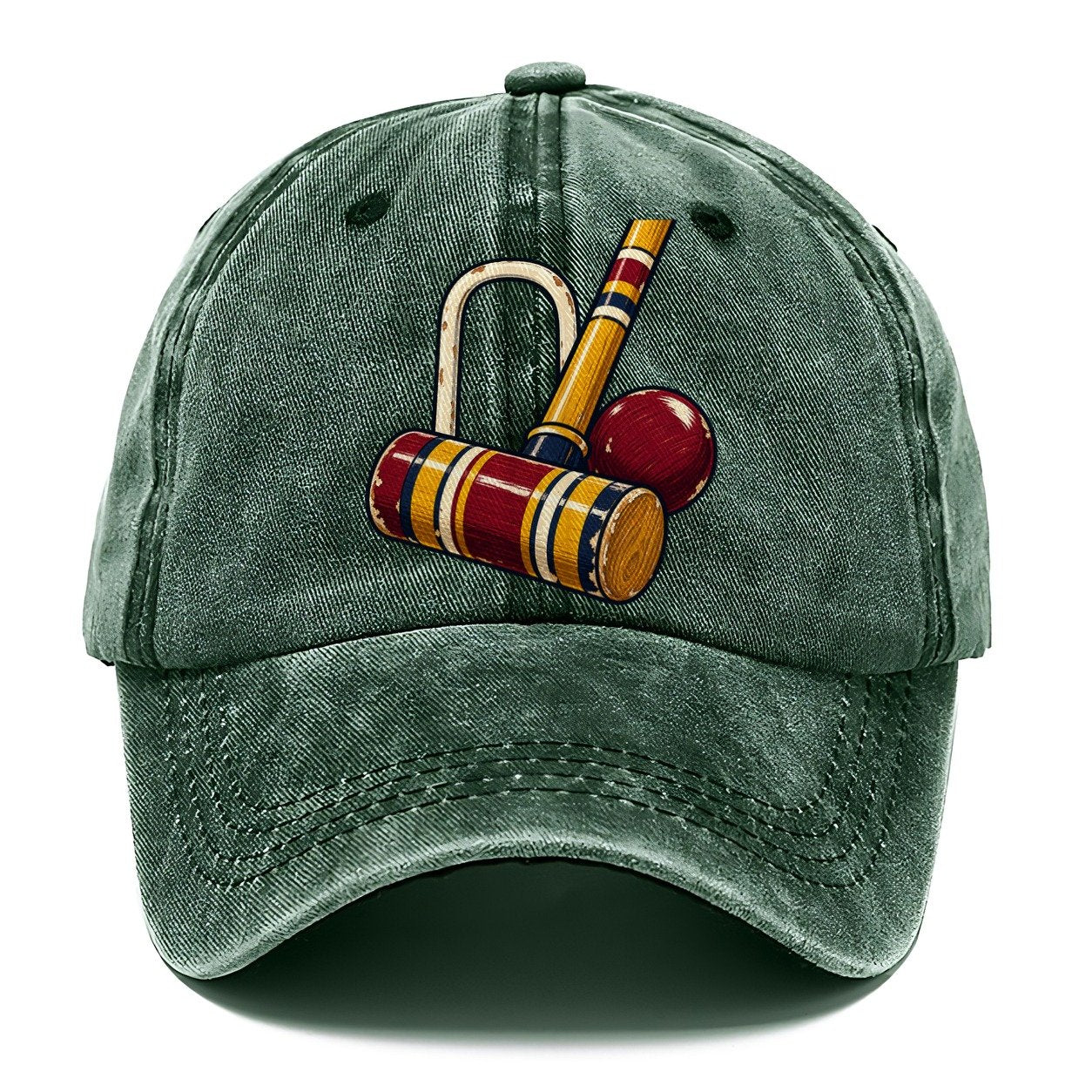 Croquet Mallet Hoop And Burgundy Ball Uk Culture Heritage Classic Cap – Forest Mist
