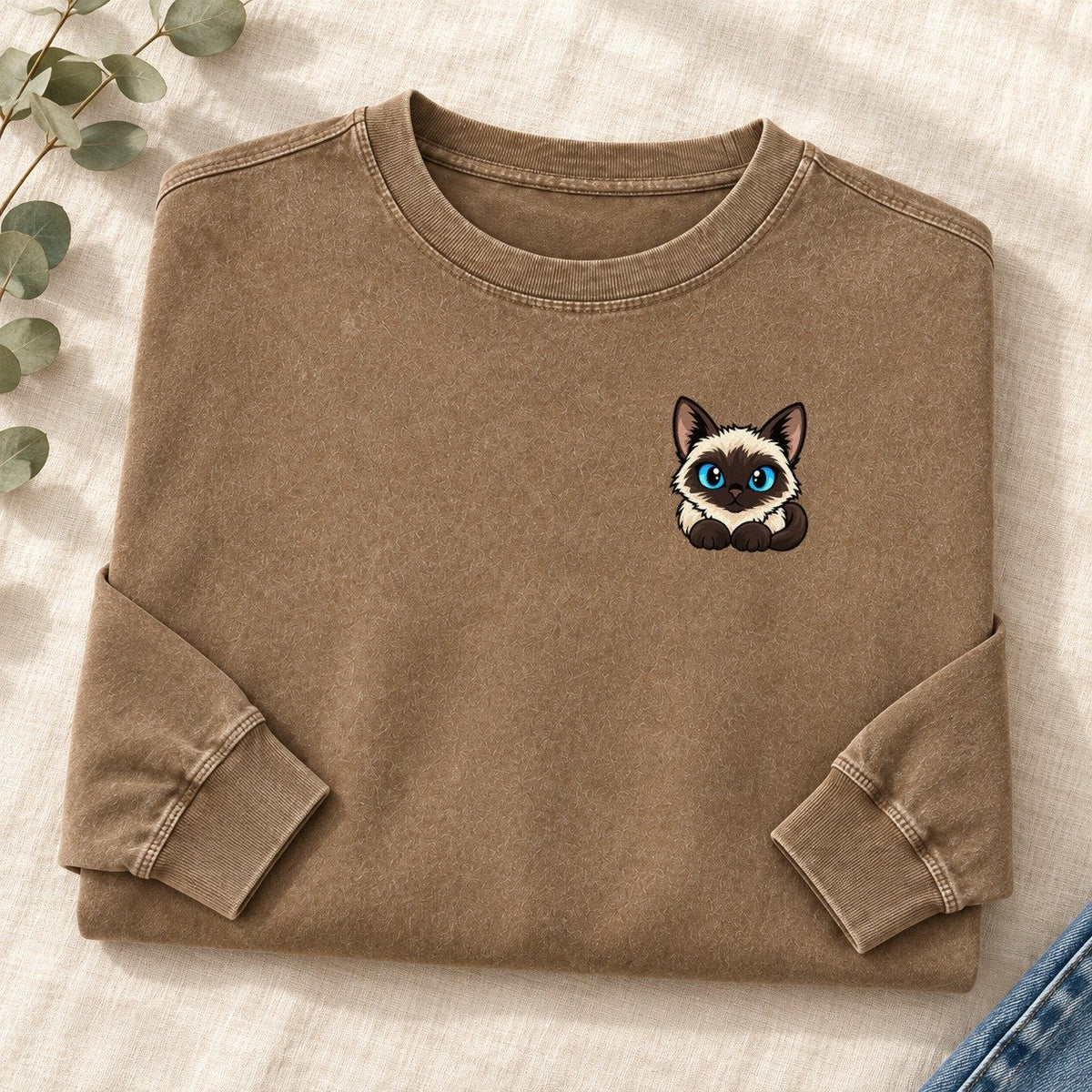 Blue Eyed Siamese Left Chest Washed Long Sleeve T-Shirt – Coffee