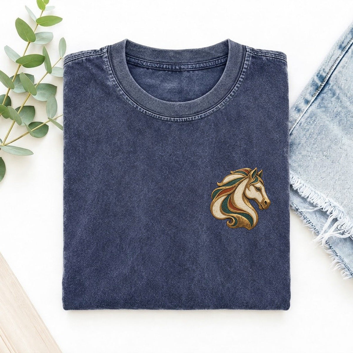 Horse Mane Sweep Keepsake Emblem Left Chest Vintage T-shirt – Blue
