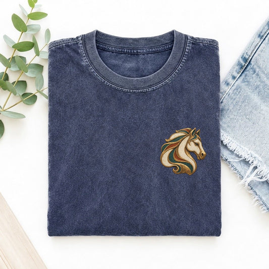 Horse Mane Sweep Keepsake Emblem Left Chest Vintage T-shirt – Blue