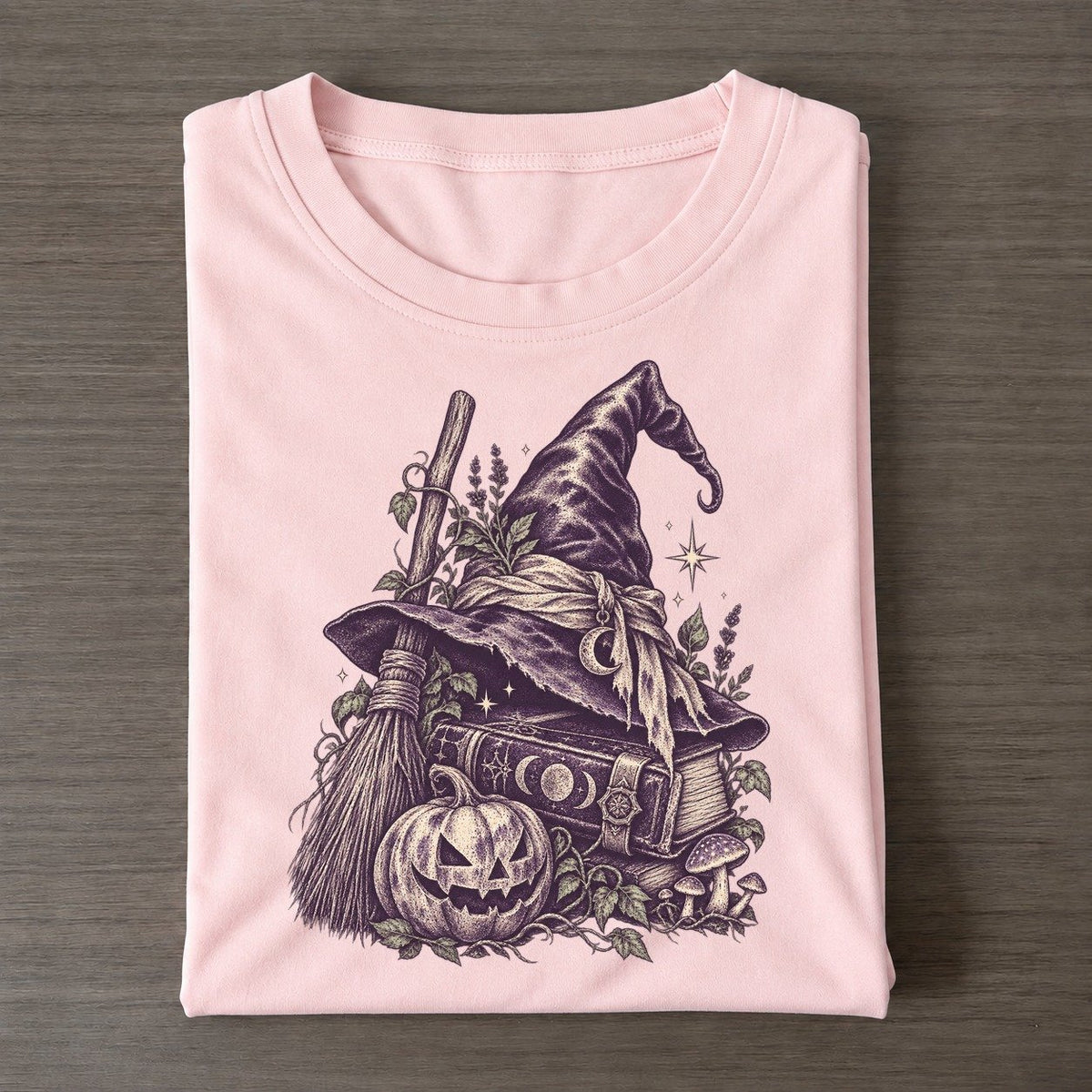 Witch Hat Broom And Spellbook Midnight Haunt Classic T-shirt – Pink