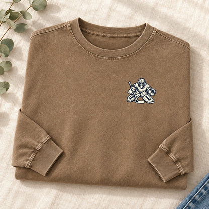 Hockey Goalie Left Chest Washed Long Sleeve T-Shirt – Coffee