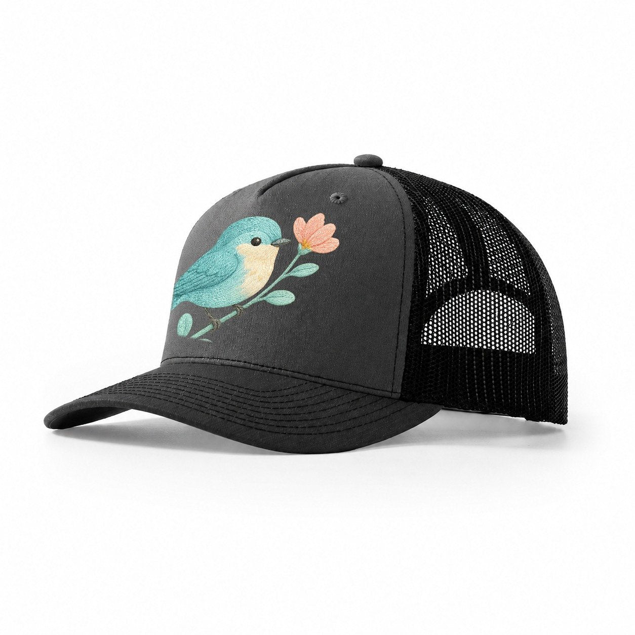 Aqua Chickadee Perched On Mint Eucalyptus Turquoise Cap Swee Trucker Hat – Dark Grey-Black