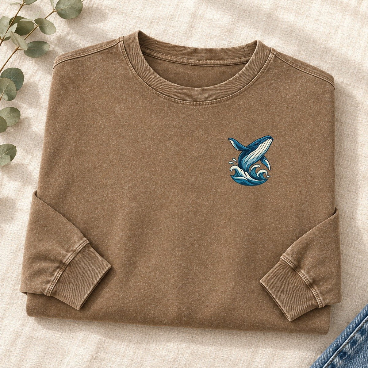 Whale And Waves Left Chest Washed Long Sleeve T-Shirt – Coffee