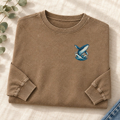 Whale And Waves Left Chest Washed Long Sleeve T-Shirt – Coffee