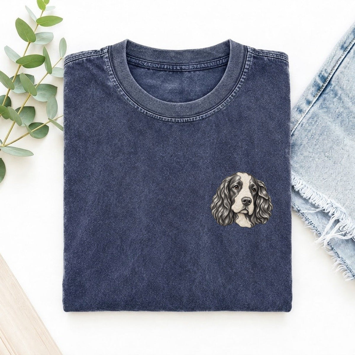 Springer Feather Ear Keepsake Emblem Left Chest Vintage T-shirt – Blue