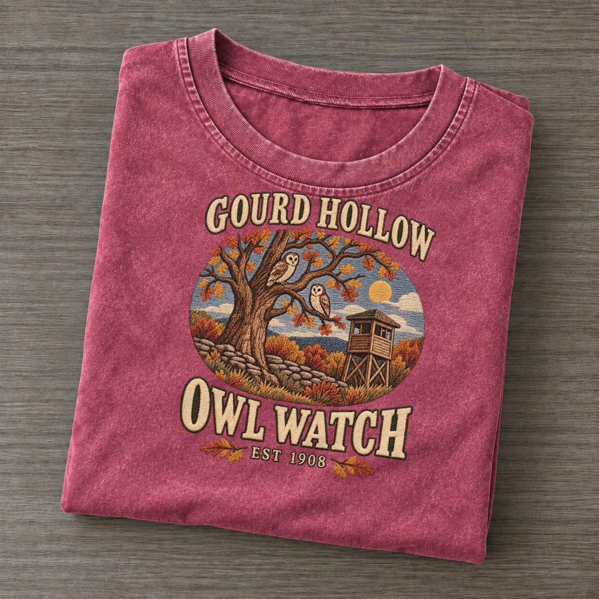 Owl Watch Gourd Hollow Vintage T-shirt – Raspberry