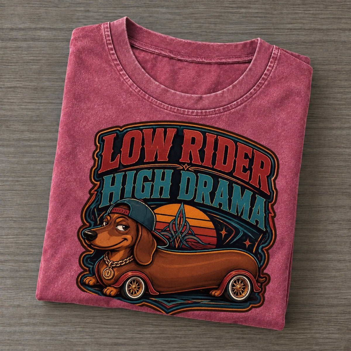 Low Rider High Drama Dachshund Vintage T-shirt – Raspberry