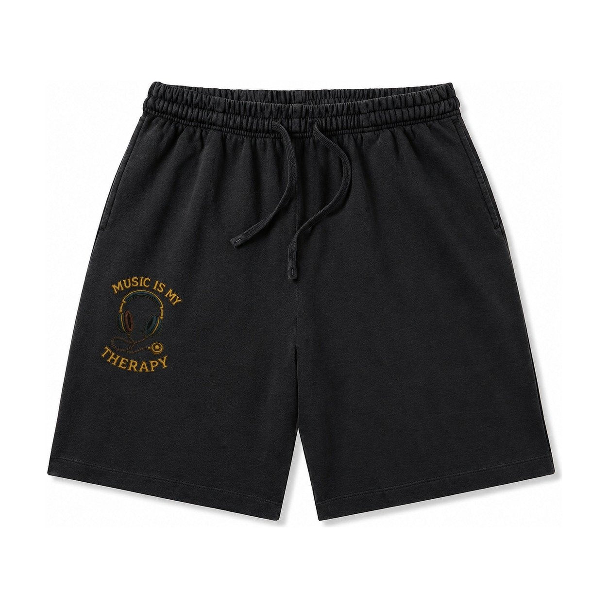 Music Is My Therapy Washed Shorts – Black