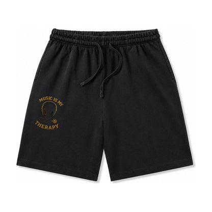 Music Is My Therapy Washed Shorts – Black