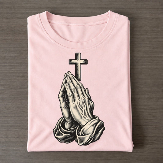 Christian Prayer Hands And Cross World Faiths Ink Figures Classic T-shirt – Pink