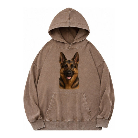 German Shepherd Portrait Vintage Washed Hoodie – Brown