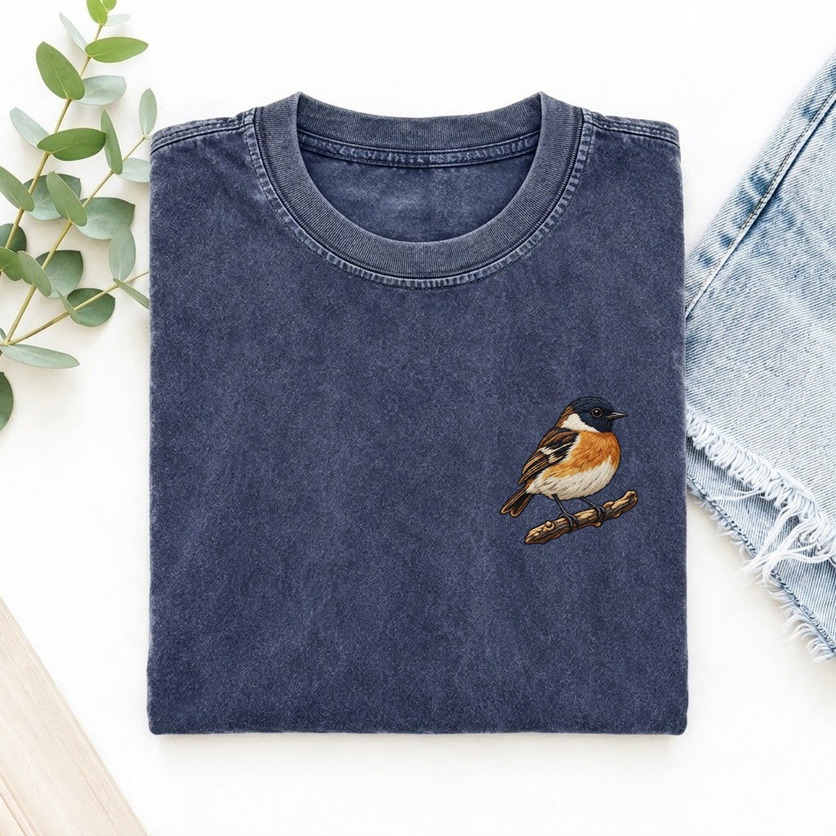 Stonechat Perch Poise Left Chest Thread Signatures II Left Chest Vintage T-shirt – Blue