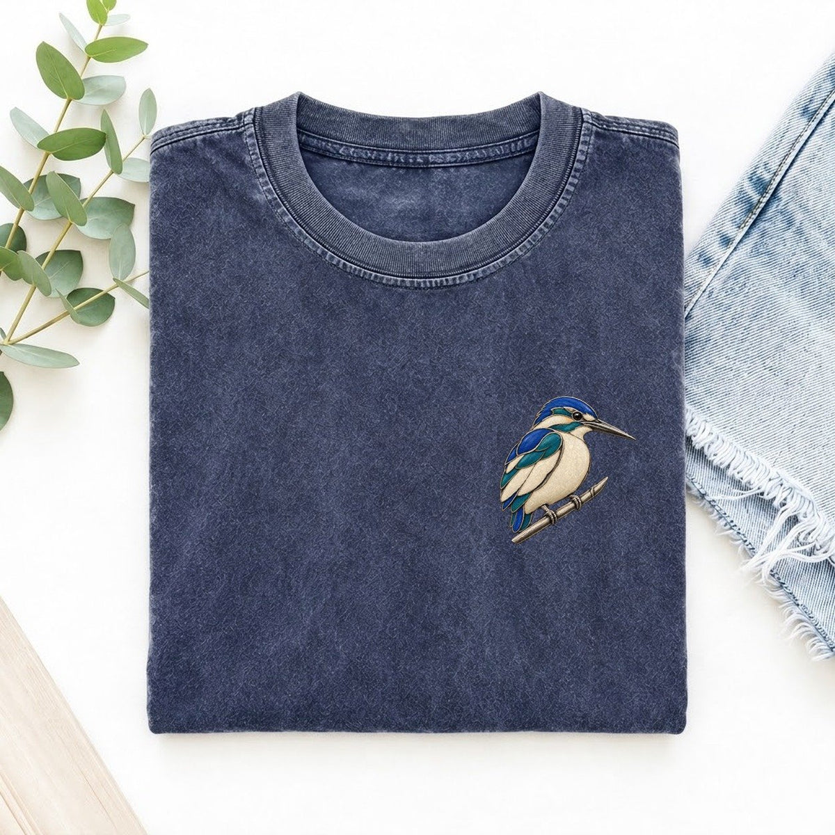 Kingfisher Reed Rest Keepsake Emblem Left Chest Vintage T-shirt – Blue