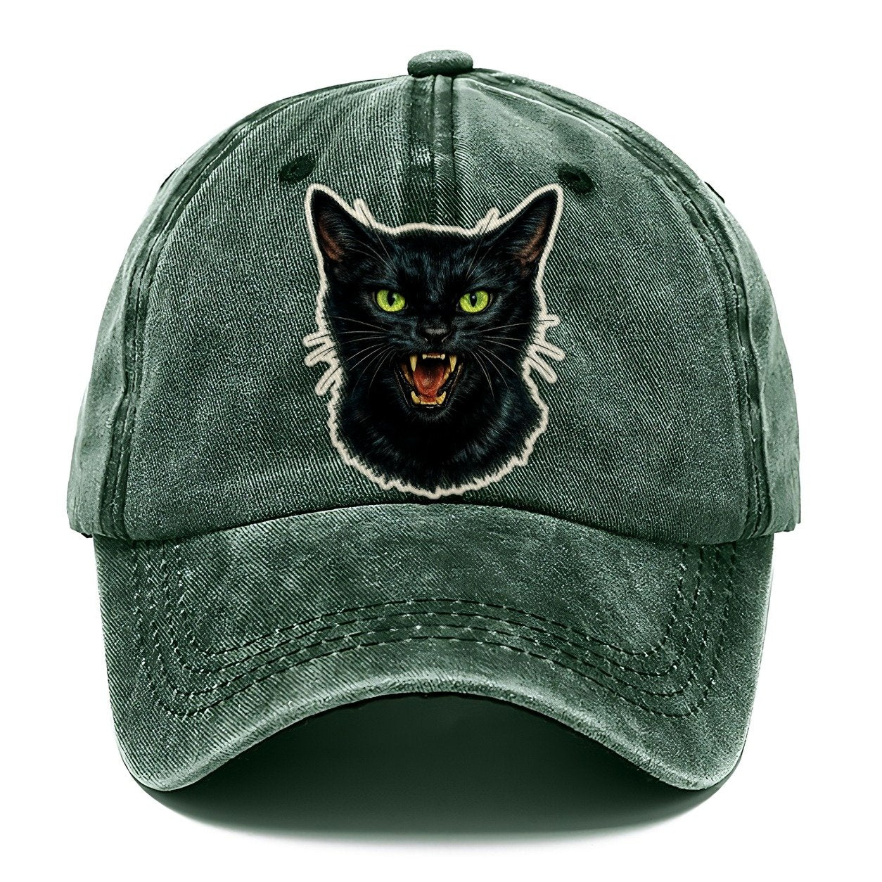 Hissing Green Eyed Black Cat Classic Cap – Forest Mist