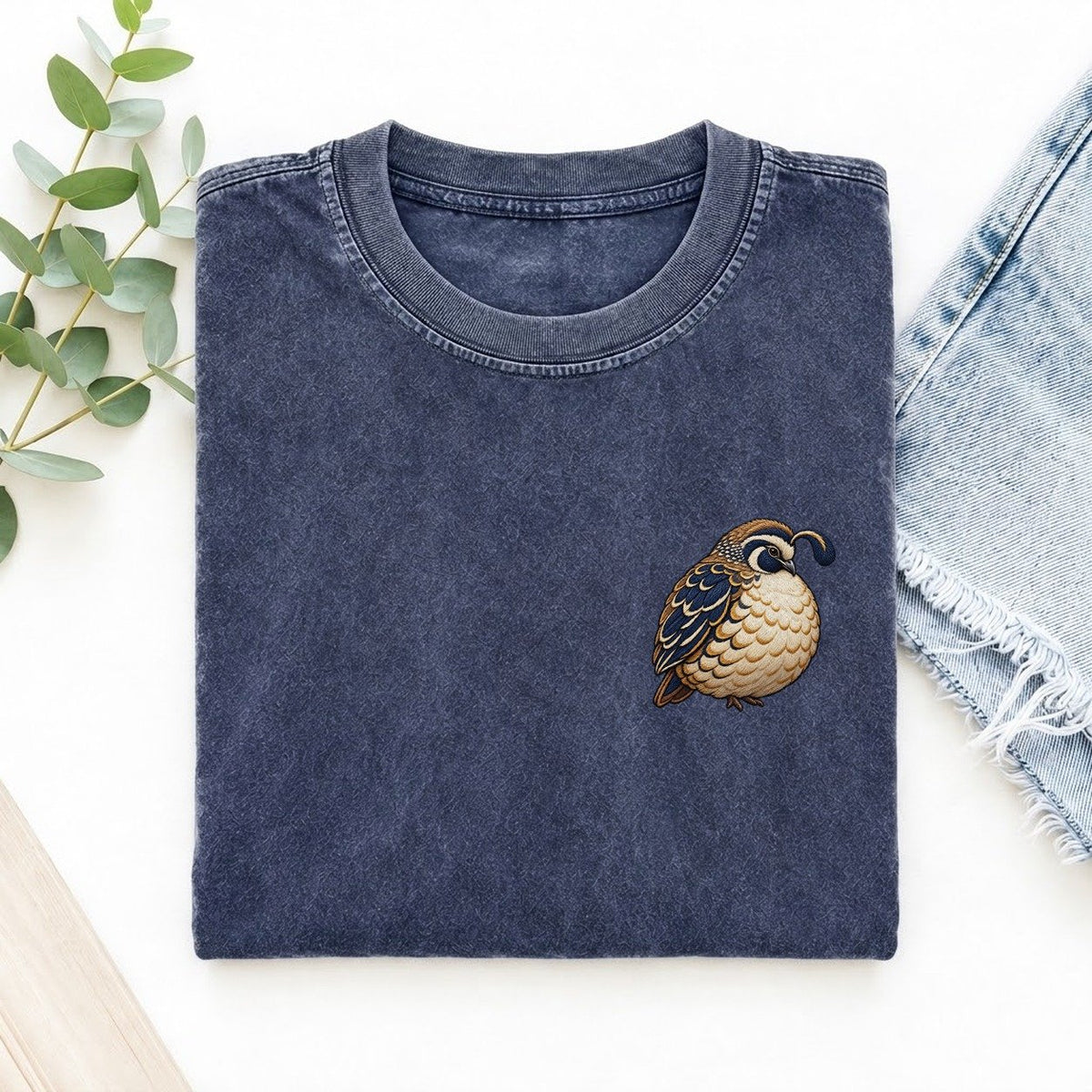 Quail Topknot Turn Left Chest Vintage T-shirt – Blue