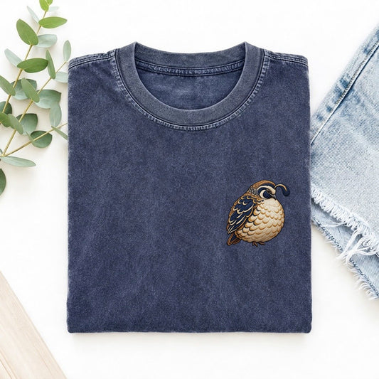 Quail Topknot Turn Left Chest Vintage T-shirt – Blue