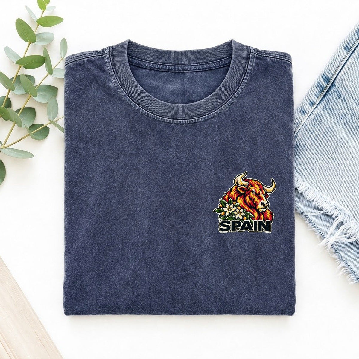 Spain Country Pride Left Chest Vintage T-shirt – Blue