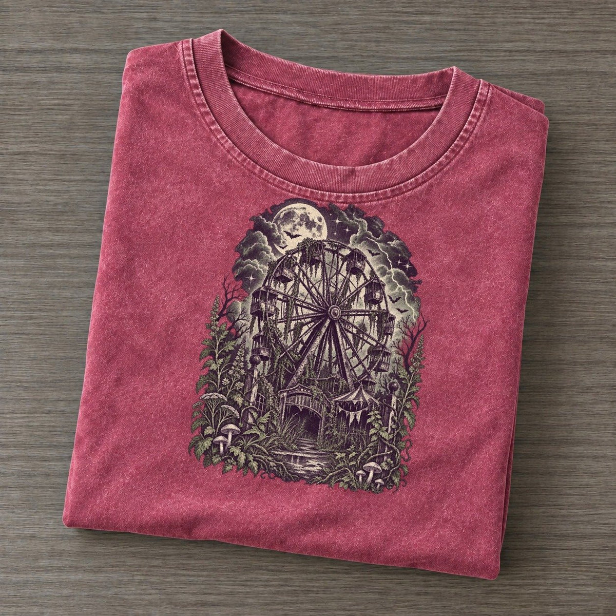 Abandoned Ferris Wheel Midnight Haunt Vintage T-shirt – Raspberry