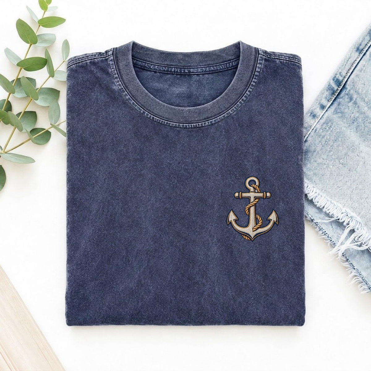 Anchor Rope Symbol Emblems Left Chest Vintage T-shirt – Blue