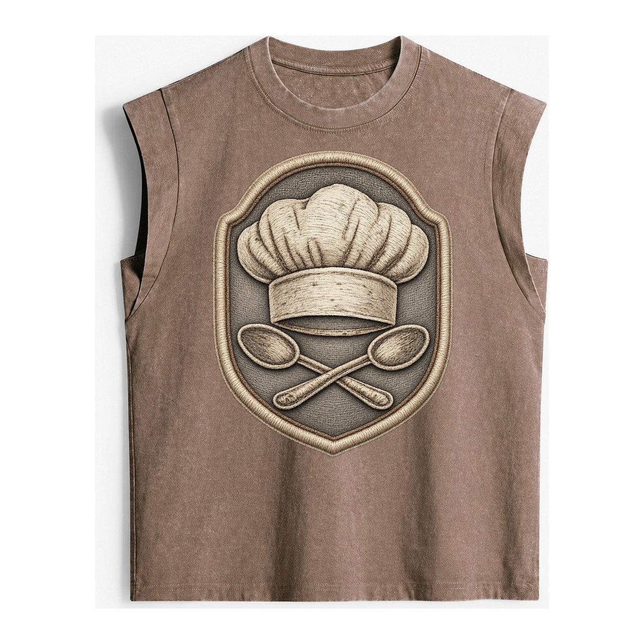 Cooking Chef Hat Toque Blanche With Crossed Spoons In Vintage Washed Tank – Brown