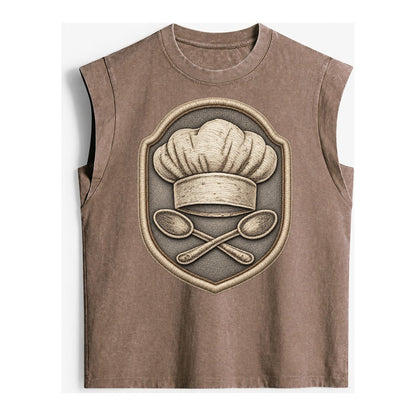 Cooking Chef Hat Toque Blanche With Crossed Spoons In Vintage Washed Tank – Brown